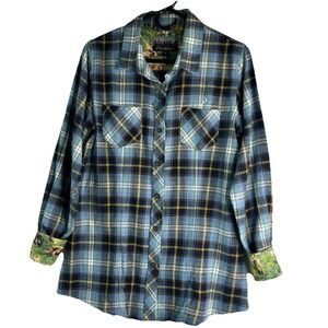Pladra Everyday Flannel Shirt Blue Plaid Long Sleeve Fox‎ Flip Cuffs Gorpcore M